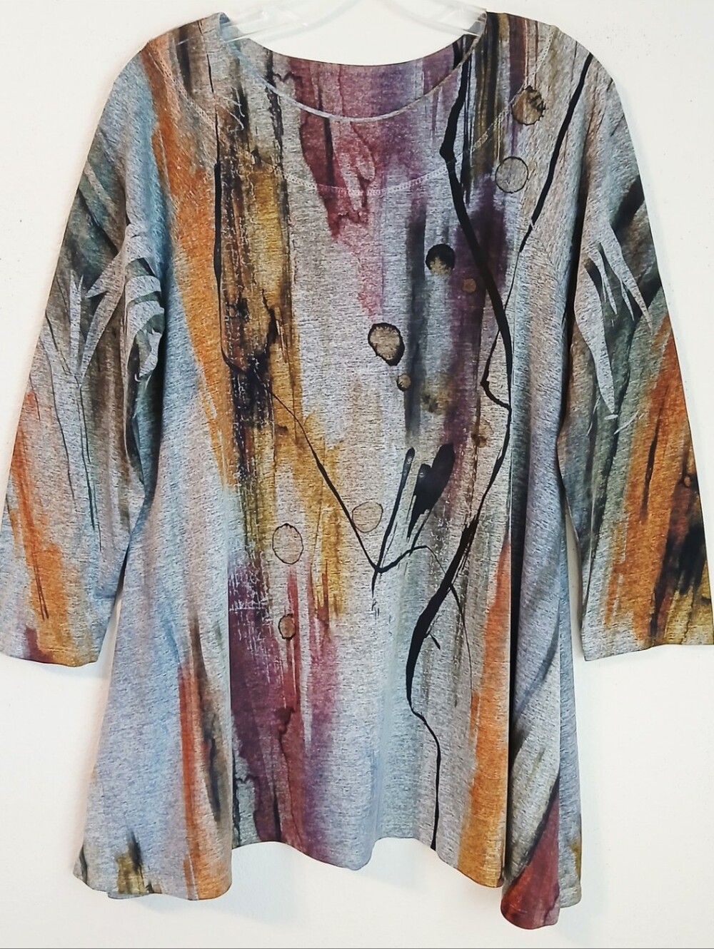 Jess & Jane Abstract Print Long Sleeve Tunic Top - Gray Multi Size Medium